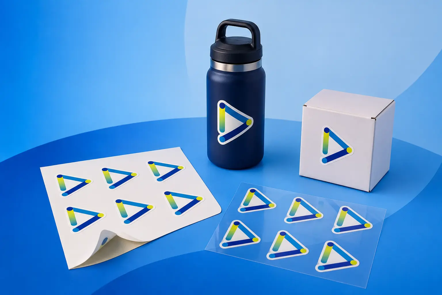 Mockup fotográfico de stickers PVC Play Express en distintos materiales
