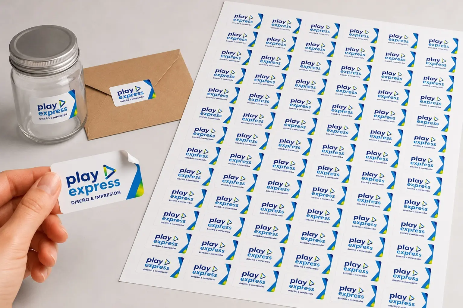 Mockup fotográfico de un paño con un único modelo de sticker Play Express repetido